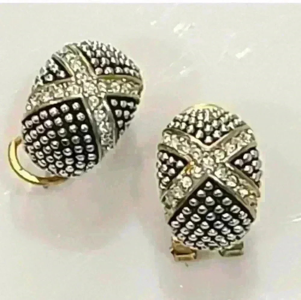 EUC Stud Knob Metal Rhinestone X Design Goldtone Black Trim Clasp Back Earrings